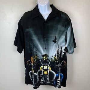 Sapphire Lounge Shirt Mens Large Black Dog Motorcycle Biker Collar Short Sleeves